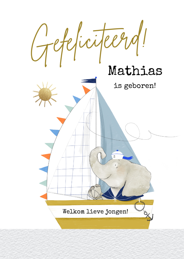 Felicitatiekaarten - Felicitatiekaart geboorte jongen olifantje boot vlaggetjes