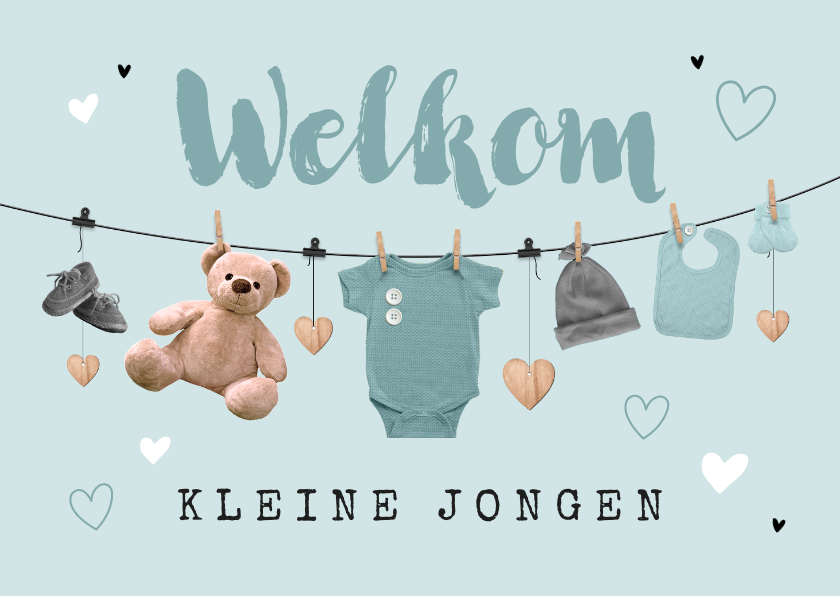 Felicitatiekaarten - Felicitatiekaart geboorte jongen waslijn baby hartjes