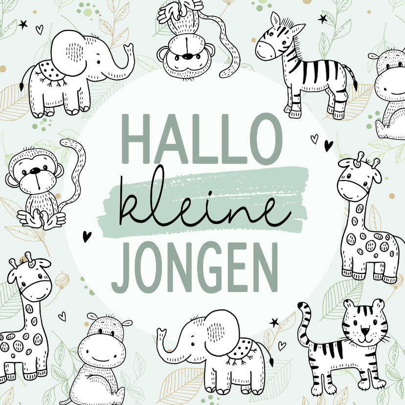 Felicitatiekaarten - Felicitatiekaart geboorte - Jungle dieren in lijntekening