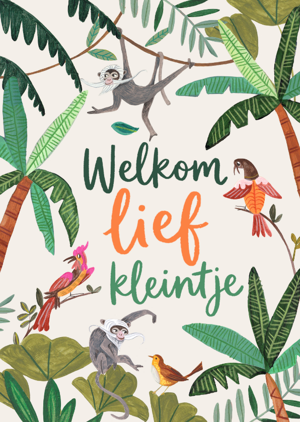 Felicitatiekaarten - Felicitatiekaart geboorte jungle dieren welkom lief kleintje