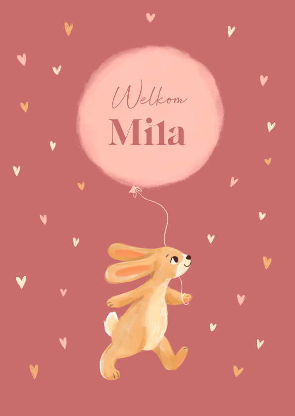 Felicitatiekaarten - Felicitatiekaart geboorte konijn met ballon en hartjes