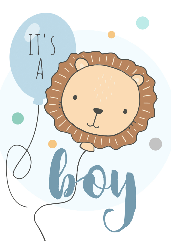 Felicitatiekaarten - Felicitatiekaart geboorte - Leeuw met balonnen jongen