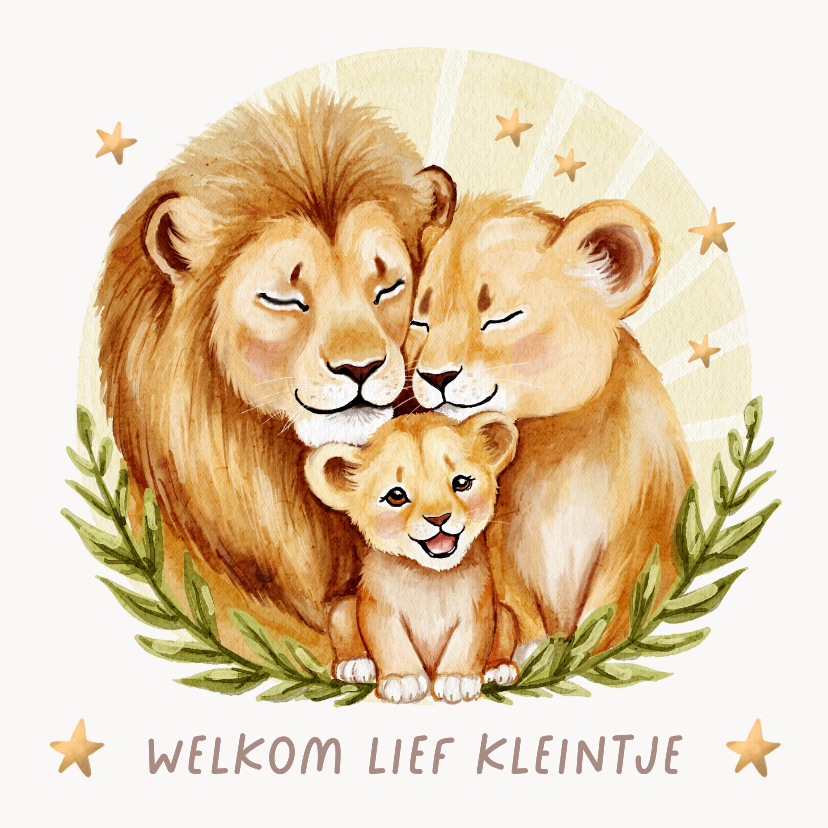 Felicitatiekaarten - Felicitatiekaart geboorte leeuw welpje sterren neutraal