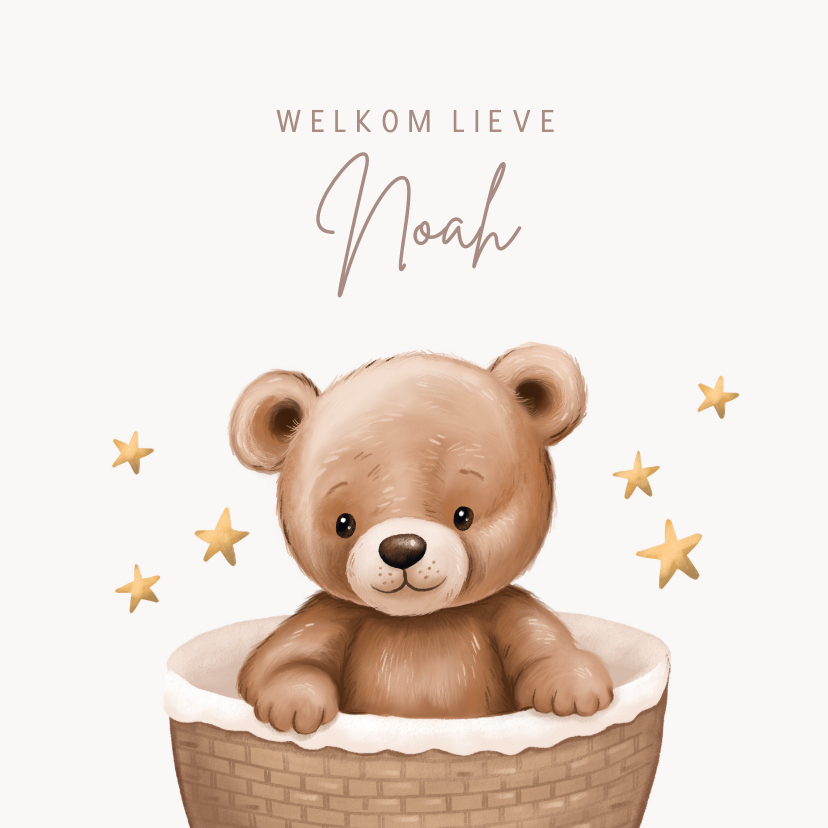Felicitatiekaarten - Felicitatiekaart geboorte lieve beer in mand met sterren 