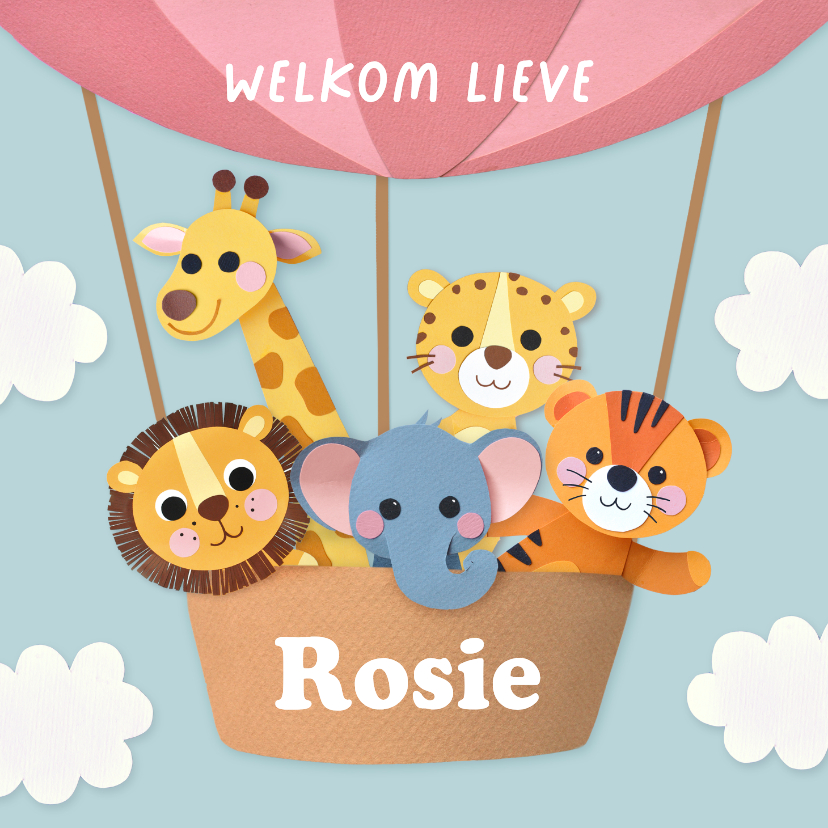 Felicitatiekaarten - Felicitatiekaart geboorte luchtballon vol dieren roze