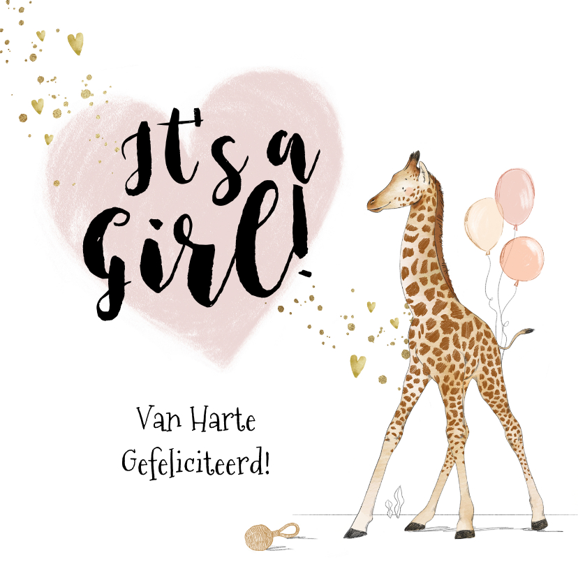 Felicitatiekaarten - Felicitatiekaart geboorte meisje giraf hart goud spetters