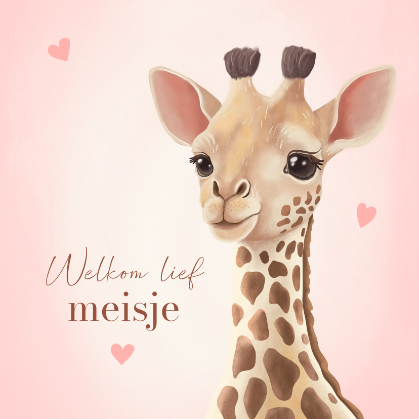 Felicitatiekaarten - Felicitatiekaart geboorte meisje giraf met hartjes
