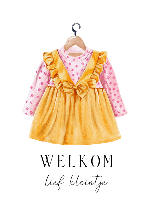 Felicitatiekaarten - Felicitatiekaart geboorte meisje jurk met geel en roze