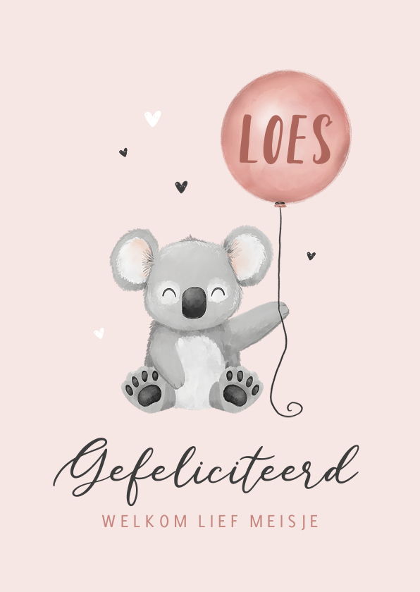 Felicitatiekaarten - Felicitatiekaart geboorte meisje koala ballon hartjes