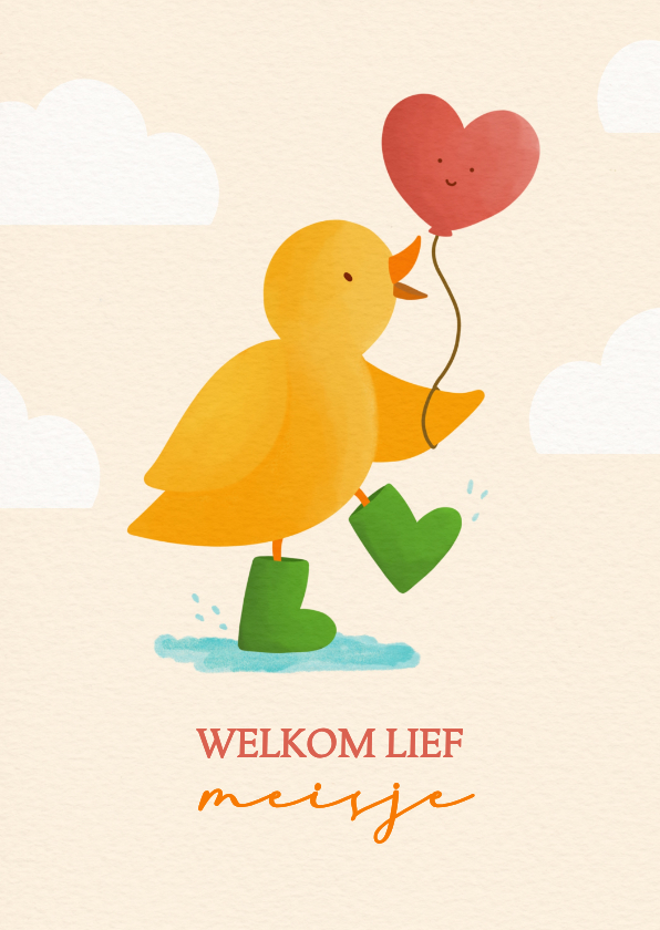 Felicitatiekaarten - Felicitatiekaart geboorte meisje kuiken met hartjesballon