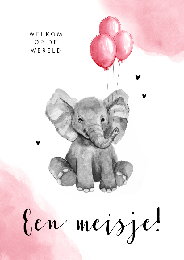 Felicitatiekaarten - Felicitatiekaart geboorte meisje olifant ballon waterverf