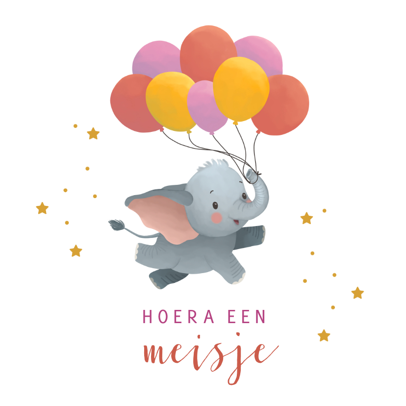 Felicitatiekaarten - Felicitatiekaart geboorte meisje olifant met ballonnen