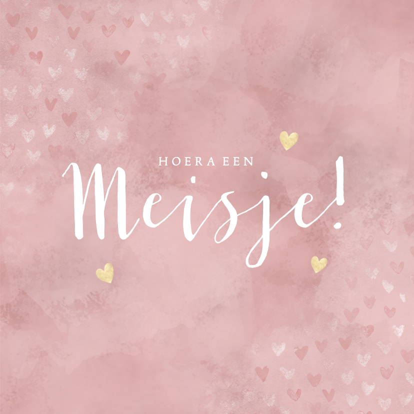 Felicitatiekaarten - Felicitatiekaart geboorte meisje, roze met gouden hartjes