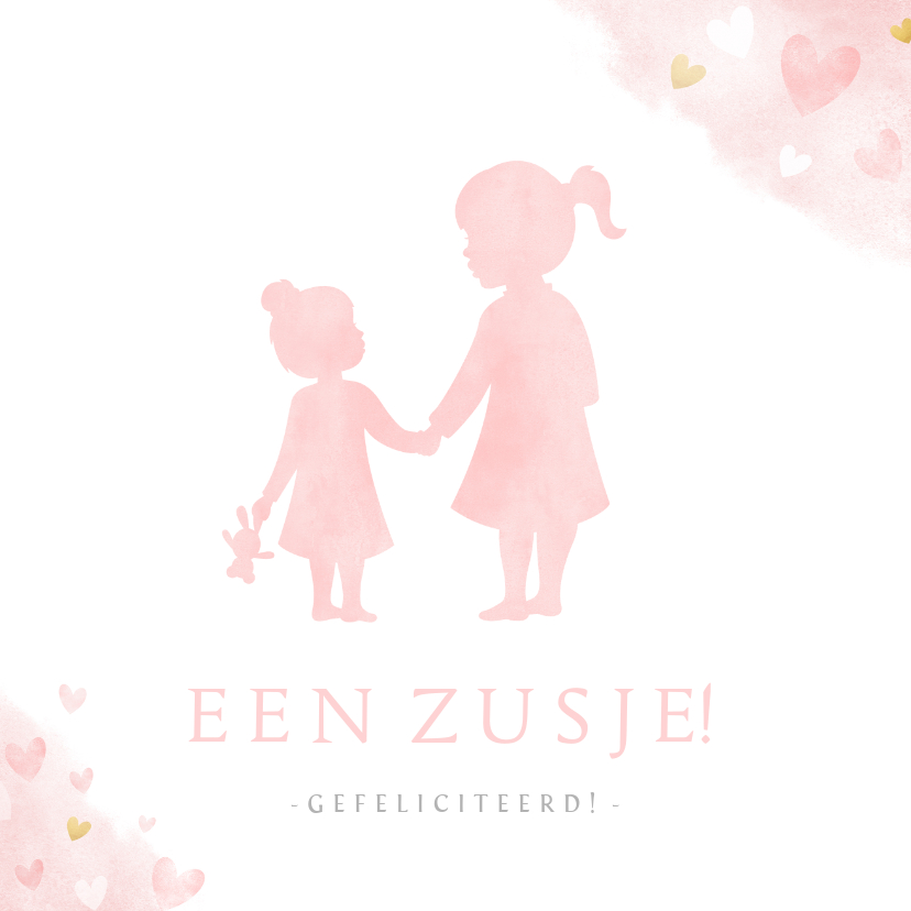 Felicitatiekaarten - Felicitatiekaart geboorte meisje silhouet zusje hand in hand