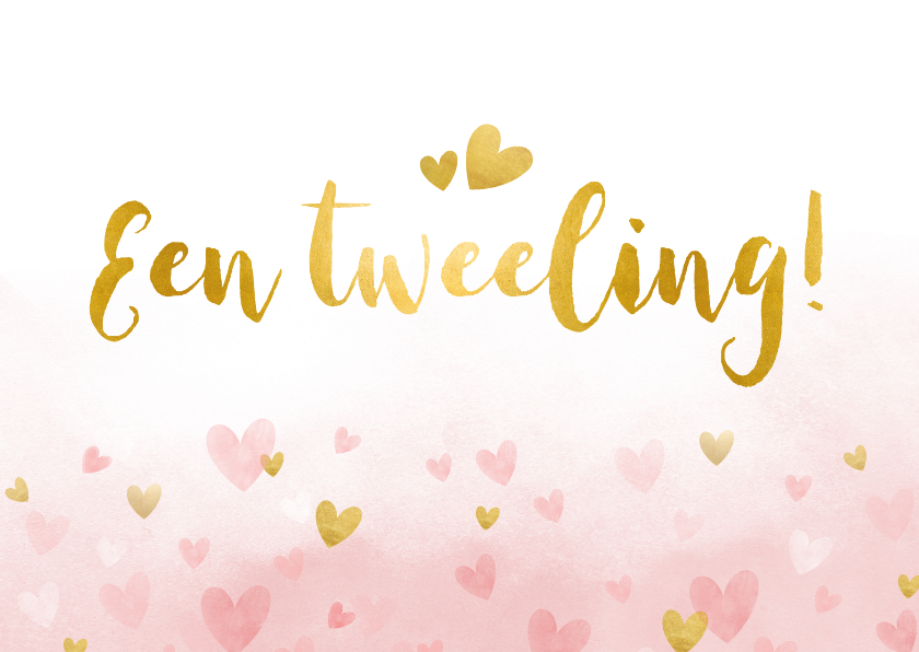 Felicitatiekaarten - Felicitatiekaart geboorte meisjes tweeling waterverf hartjes