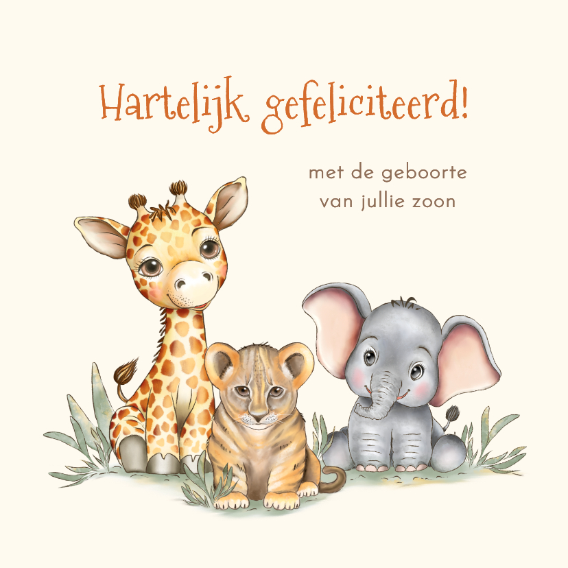 Felicitatiekaart geboorte met giraf, welpje en olifantje - Felicitatiekaarten Felicitatiekaarten - Felicitatiekaart geboorte met giraf, welpje en olifantje