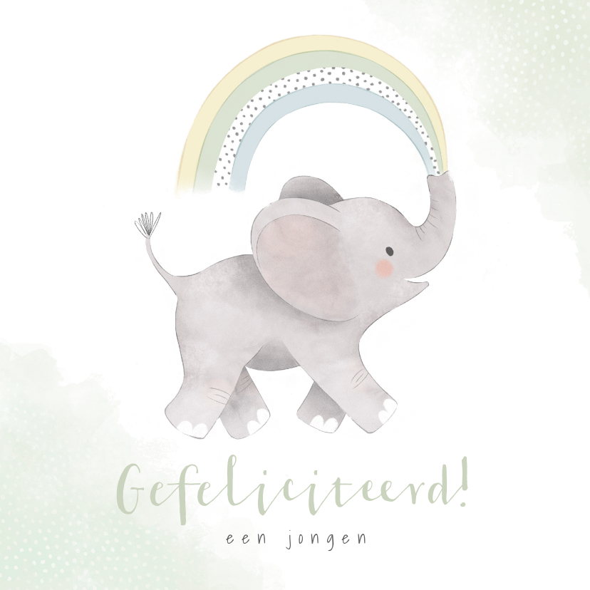 Felicitatiekaarten - Felicitatiekaart geboorte met olifantje en regenboog zoon