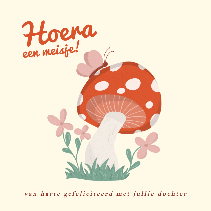 Felicitatiekaarten - Felicitatiekaart geboorte met roze vlinder en paddenstoel