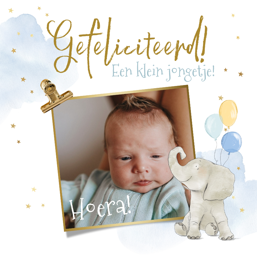 Felicitatiekaarten - Felicitatiekaart geboorte olifant watercolour foto jongen 
