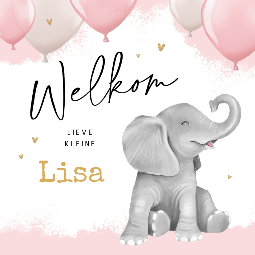 Felicitatiekaarten - Felicitatiekaart geboorte olifant waterverf ballonnen meisje
