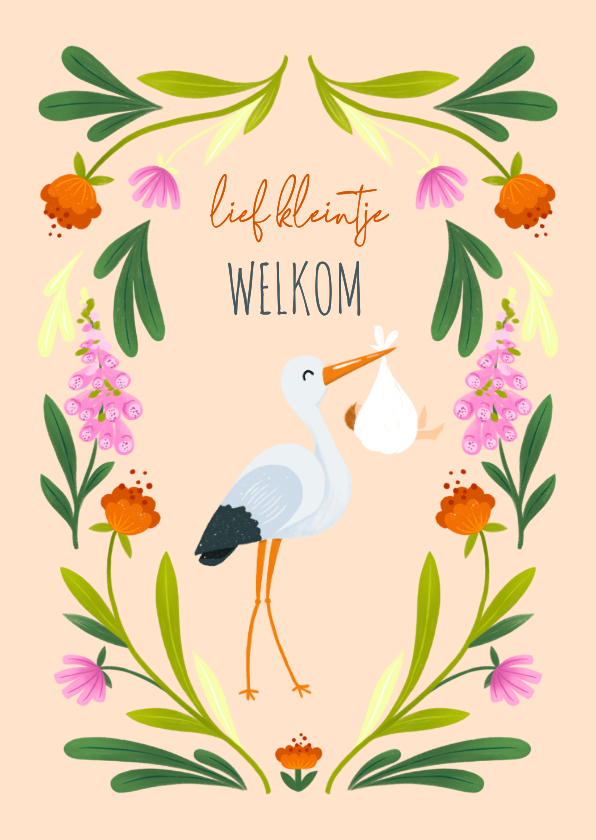 Felicitatiekaarten - Felicitatiekaart geboorte ooievaar bloemen