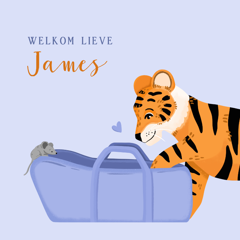 Felicitatiekaart geboorte tijger met wiegje en muis - Felicitatiekaarten Felicitatiekaarten - Felicitatiekaart geboorte tijger met wiegje en muis