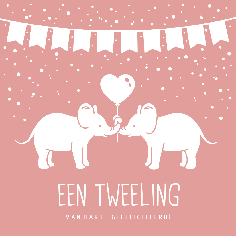 Felicitatiekaart geboorte tweeling 2 meisjes met olifantjes - Felicitatiekaarten Felicitatiekaarten - Felicitatiekaart geboorte tweeling 2 meisjes met olifantjes