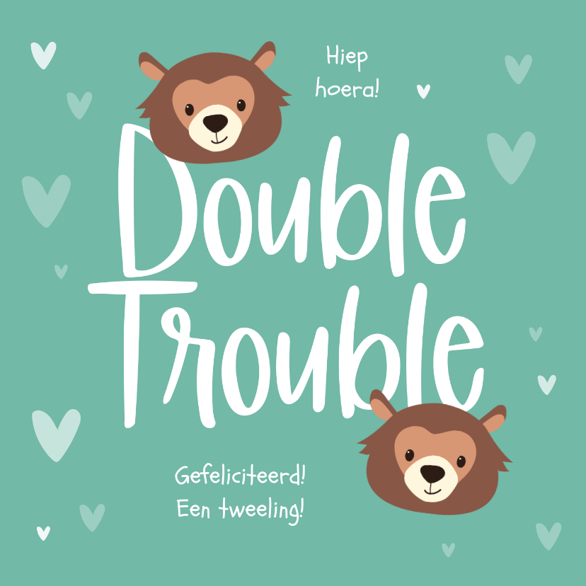 Felicitatiekaarten - Felicitatiekaart geboorte tweeling double trouble beren hart