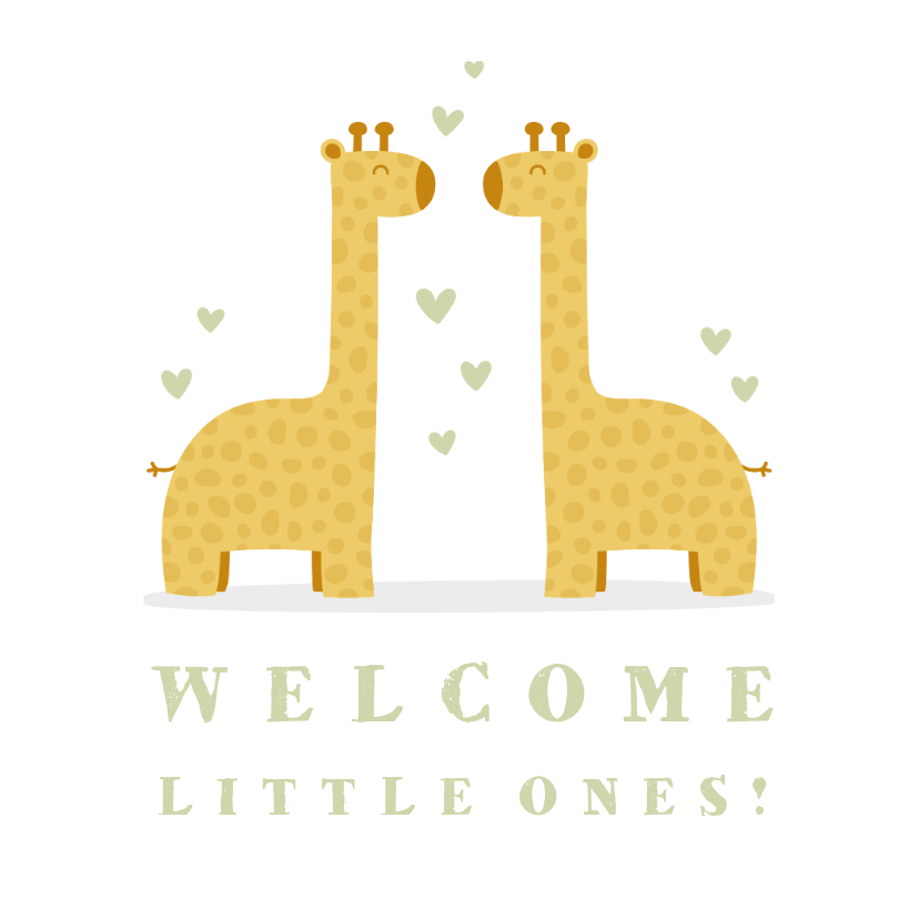 Felicitatiekaarten - Felicitatiekaart geboorte tweeling giraf met hartjes