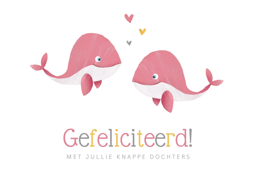 Felicitatiekaarten - Felicitatiekaart geboorte tweeling meisjes walvissen hartjes
