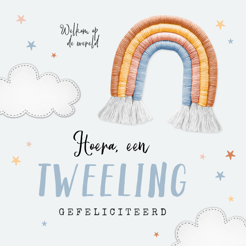 Felicitatiekaarten - Felicitatiekaart geboorte tweeling wolkjes regenboog sterren