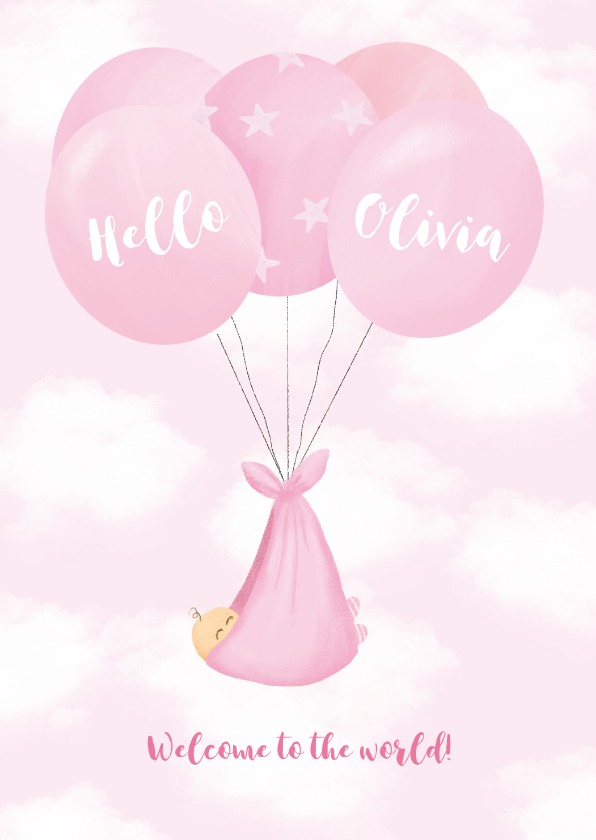 Felicitatiekaarten - Felicitatiekaart geboorte wolken en ballonnen roze