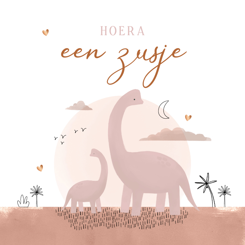 Felicitatiekaarten - Felicitatiekaart geboorte zusje dinosaurussen jungle roze