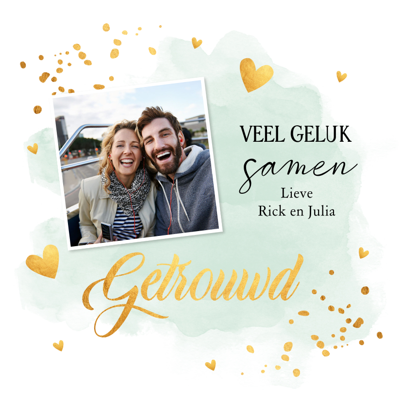 Felicitatiekaart getrouwd foto waterverf mintgroen goudlook - Felicitatiekaarten Felicitatiekaarten - Felicitatiekaart getrouwd foto waterverf mintgroen goudlook