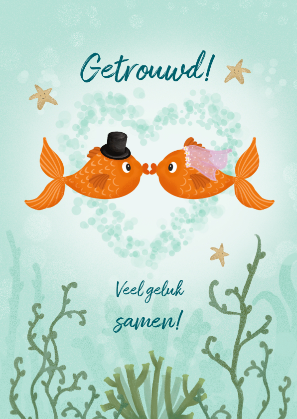 Felicitatiekaarten - Felicitatiekaart getrouwd met illustratie van goudvissen
