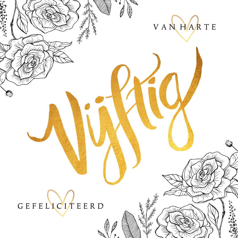 Felicitatiekaarten - Felicitatiekaart gouden vijftig met rozen