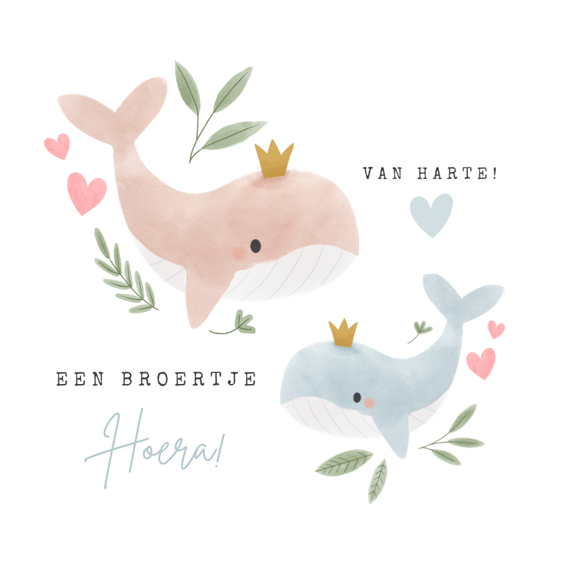 Felicitatiekaarten - Felicitatiekaart grote zus en broertje walvissen en hartjes