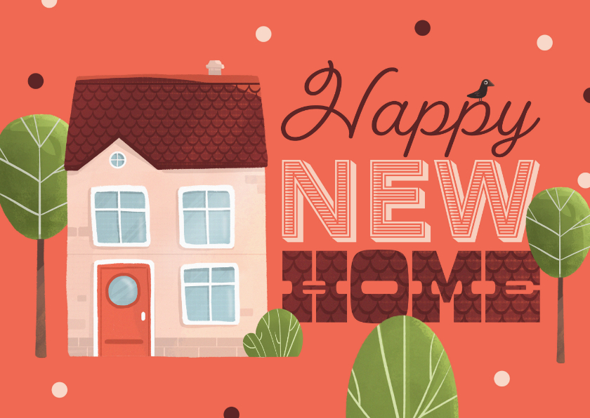Felicitatiekaarten - Felicitatiekaart happy new home huis boom confetti