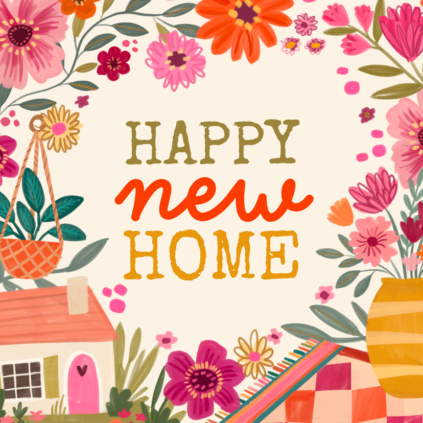Felicitatiekaart happy new home met kleed planten en huisje - Felicitatiekaarten Felicitatiekaarten - Felicitatiekaart happy new home met kleed planten en huisje
