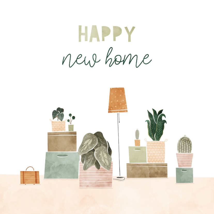 Felicitatiekaarten - Felicitatiekaart happy new home met plantjes en verhuisdozen