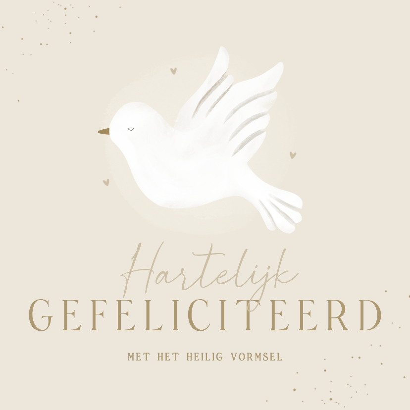 Felicitatiekaarten - Felicitatiekaart heilig vormsel beige duif hartjes