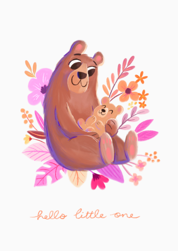 Felicitatiekaarten - Felicitatiekaart hello little one beer met klein beertje