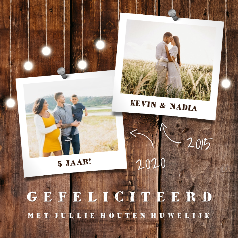 Felicitatiekaarten - felicitatiekaart hout met hangende lampjes en foto's