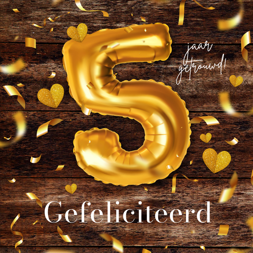 Felicitatiekaarten - Felicitatiekaart houten 5-jarig huwelijk confetti trouwdag