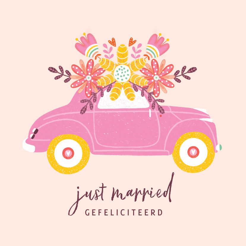 Felicitatiekaarten - Felicitatiekaart huwelijk auto bloemen beige