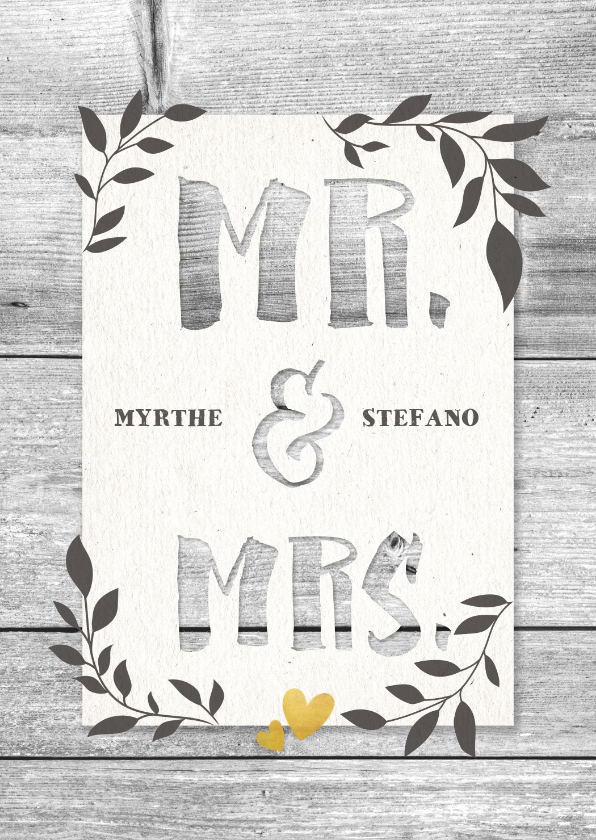 Felicitatiekaarten - Felicitatiekaart huwelijk hout met takjes en typografie