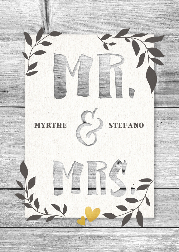 Felicitatiekaart huwelijk hout met takjes en typografie - Felicitatiekaarten Felicitatiekaarten - Felicitatiekaart huwelijk hout met takjes en typografie