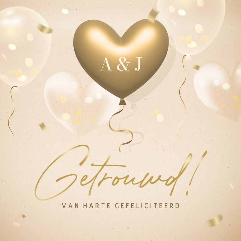 Felicitatiekaart huwelijk met gouden 3d hartjes ballon - Felicitatiekaarten Felicitatiekaarten - Felicitatiekaart huwelijk met gouden 3d hartjes ballon