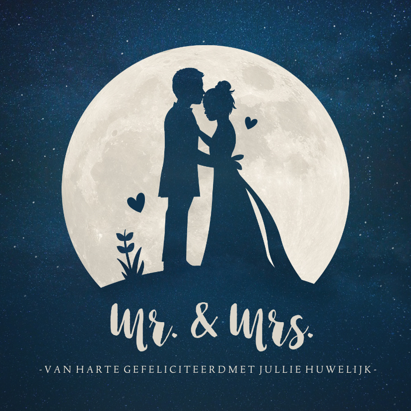 Felicitatiekaarten - Felicitatiekaart huwelijk met silhouet bruidspaar in maan