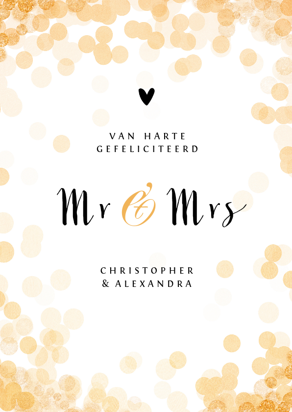Felicitatiekaarten - Felicitatiekaart huwelijk mr and mrs goud confetti stijlvol